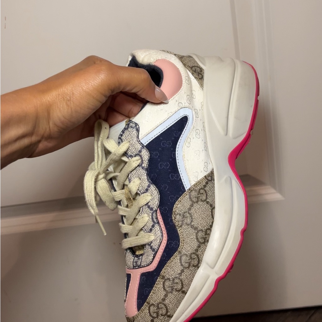 Gucci Beige Monogram Navy & Pink Platform Sneakers